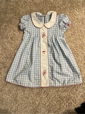 Sweet Dreams Light Blue Gingham Dress with Cream Front Panel and Red Trim